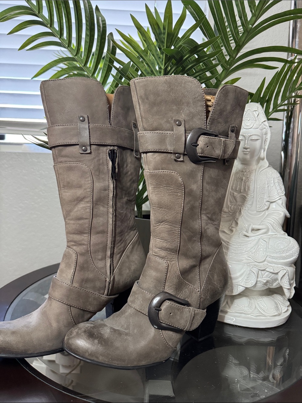 Born Taupe Mid-Calf leather buckled Heeled Boots
